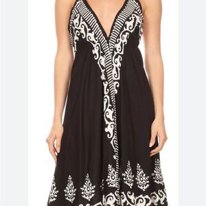 Bohemian Embroidered Black and White Sleeveless  MIDI Dress Free Size